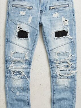 Men's Light Blue Ripped Skinny Jeans with Patch Details
